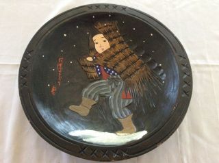 Antique Japanese Hand Carved / Painted Wooden Hanging Wall Charger.  Signed
