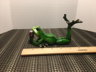 Vintage Whimsical Ganz Ceramic Frog Laying On Belly Drinking Wine
