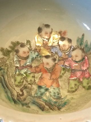 Antique Vintage Chinese Porcelain Famille Rose Bowl Boys Playing Mark