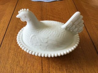 Vintage White Milk Glass Chicken Hen On Nest Covered Bowl Candy Dish