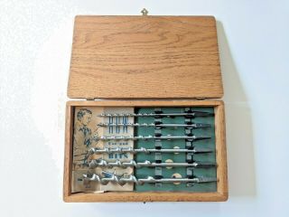 Vintage Irwin Woodworker Auger Bit Set Of 6 Bits Oak Wood Case Wooden 1/4 " - 3/4 "