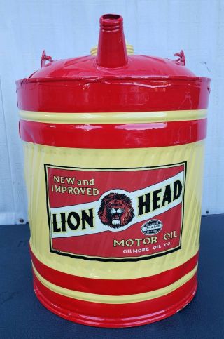 Vintage Lion Head Motor Oil Gilmore 5 Gallon Metal Can Bucket Restored