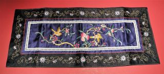Vintage Chinese Oriental Silk Embroidery Table Wall Runner Bird Flower Panel