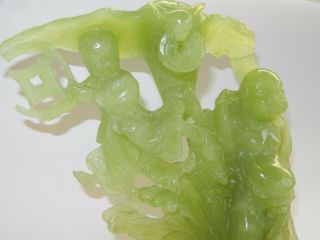 Chinese Large Vintage Green Jade Group Statue,  Man And Child With Dragon And Bat