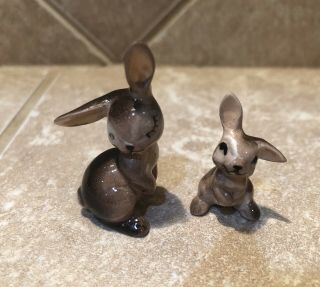 Vintage Hagen Renaker Brown Mama Flirty Rabbit And Brown Baby Bunny Miniatures