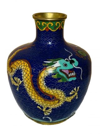 Antique Vintage Oriental Blue Cloisonne Double Dragon Small Vase
