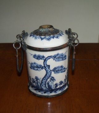 Antique Oriental Chinese Blue White Pottery Brass Mounted Opium Jar Pot Vessel