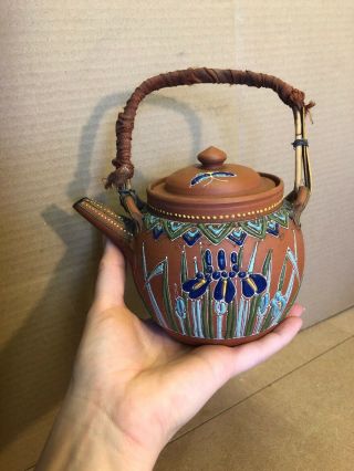 Vintage Old Chinese Yixing Pottery Teapot With Enamelled Decoration