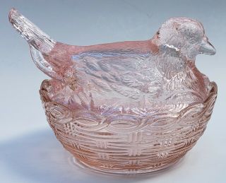Hen On Nest Pink Covered Glass Dish Chicken Basket