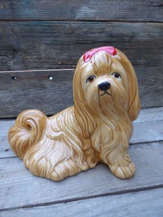 Large Dog Figurine/ Lhasa Apso Ceramic Dog/ Vtg Puppy Collectible/ Glass DÉcor