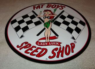 Vintage Fat Boys Speed Shop W/ Lady Luck Pin Up Model 11 3/4 " Metal Gas Oil Sign