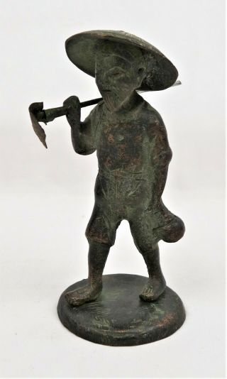 Fine Antique Chinese Cast Metal Farmer Figure Statue Long Qing Marked