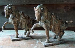 Estate Vintage Antique Pair Bronze Cast Iron Japanese War Horse Statue Japan