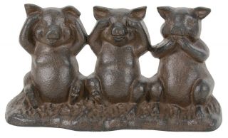 Hear See And Speak No Evil Pigs Tabletop Figurine Cast Iron 7.  75 Inches Brown
