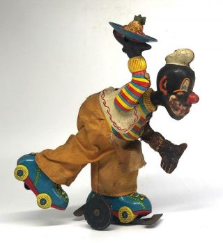 Vintage Tin Wind - Up Mechanical Skating Chef Clown (brown Skin)