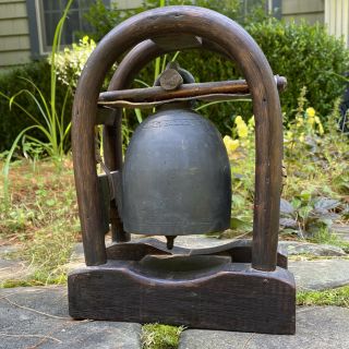 Vintage Cast Bronze Thai Tribal Elephant Bell,  Bamboo,  Wood,  Leather Stand
