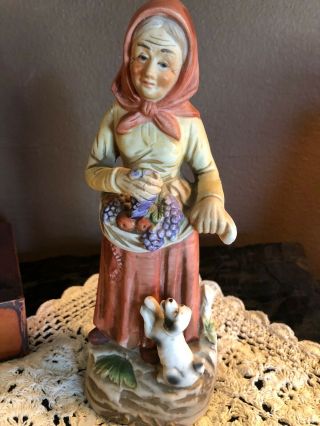 Homco Figurine Old Lady Woman With Fruit Basket And Dog Vintage