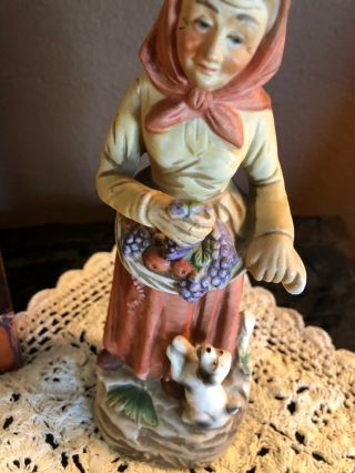 Homco Figurine Old Lady Woman with Fruit Basket and Dog Vintage 2