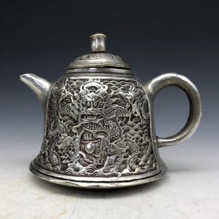 Chinese Old Tibetan Silver Copper Wine Pot Carved Dragon Xuande Mark Yr A654