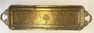 Large 28” Antique Rectangular Brass Embossed Pierced Tray Handles Peacock India