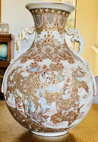 Substantial Japanese Satsuma Vase With Samurai And Flowers 13” Tall