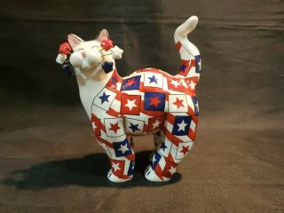 Amy Lacombe Whimsiclay Cat Red White & Blue Stars And Stripes