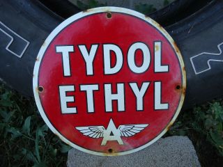 Old Vintage Flying A Tydol Ethyl Gasoline Porcelain Enamel Gas Pump Sign