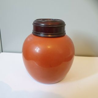 Antique Chinese Porcelain Red Pot With Wood Cover