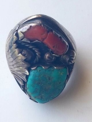 Vintage Native American Sterling Silver Turquoise And Coral Ring Men’s Old Pawn
