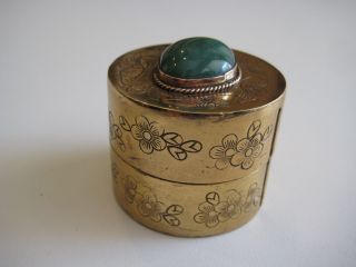Vintage Chinese Brass Copper Engraved Floral W/jade Stamp Box