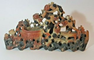 Chinese Soapstone Intricate Carving Of Monkeys Eating Fruit 22 X 5 X 12 Cm