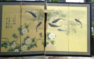 Gorgeous Vintage Chinese Fish Pictures On Wooden Wall Panel - 60 " Wx35 " - To Restore