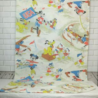 Disney Mickey Mouse Twin Flat Bed Sheet Usa Winter Games Olympics Vintage Sears