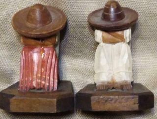 Two 2 Vintage Carved Wood Mexican Mexico Statue Bookends Set Man Woman