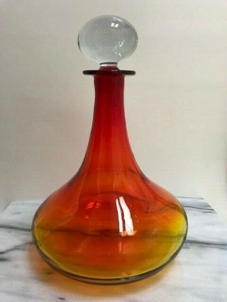 Large Vintage Blenko Tangerine Amberina Glass Decanter W/ Crystal Clear Stopper