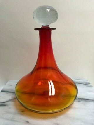 Large Vintage Blenko Tangerine Amberina Glass Decanter w/ Crystal Clear Stopper 2