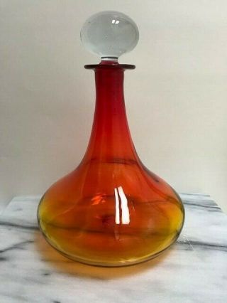 Large Vintage Blenko Tangerine Amberina Glass Decanter w/ Crystal Clear Stopper 3