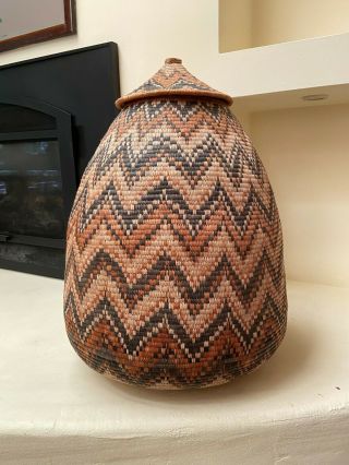 Handmade Large Hand Woven Vintage African Zulu Wedding Basket With Lid
