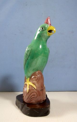 Vintage Chinese Hand Crafted Green Parrot Wood Stand C.  Early 1900 - S