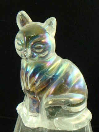 Clear Iridescent Glass Cat Figurine Sitting Kitty Heavy Solid Glass