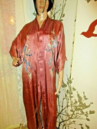 Vintage 1930s 20s Silk Kimono Robe Hand Embroidered With Bullion Dragons