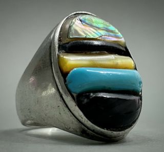 Huge Heavy Vintage Navajo Sterling Silver Turquoise Inlay Cobblestone Ring 23grm