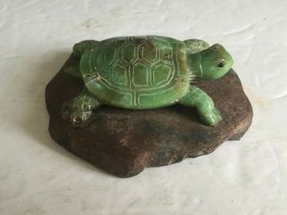 Rare Hand Carved Chinese Green Jade Turtle On Red Rock Sculpture 3 3/4 " Long