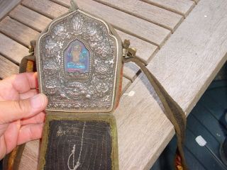 Antique Tibetan Buddhist Gao Silvered Copper Prayer Box With Carrying Pouch