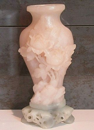 Vintage Light Pink Rose Quartz Vase With Hand - Carved Flower Decoration