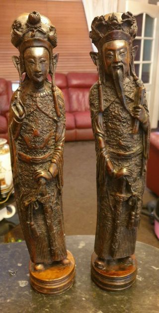 Stunning Vintage Bronze Tall Hand Carved Chinese Man And Woman Figurines 17 "