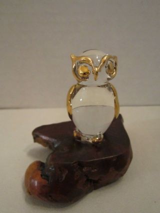 Owl Bird Figure Glass & 22 Kt Gold On Natural Burl Wood Base.  Vintage