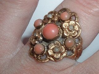 Vintage Arts Crafts Zoltan White And Co Silver Gold Coral Pearl Ring