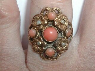 Vintage Arts Crafts Zoltan White and Co Silver Gold Coral Pearl Ring 2