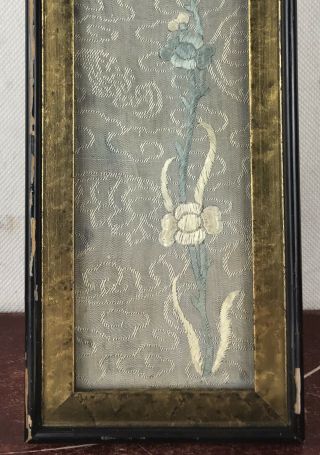 ANTIQUE CHINESE FRAMED EMBROIDERED SILK PANEL SLEEVE WITH FLOWERS 11”x4” Frame 3
